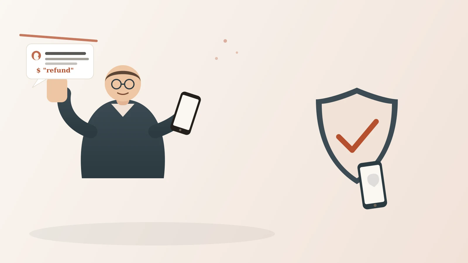 Editorial illustration of an adult holding up a stop hand toward a phone caller offering a fake refund, with a shield representing verification