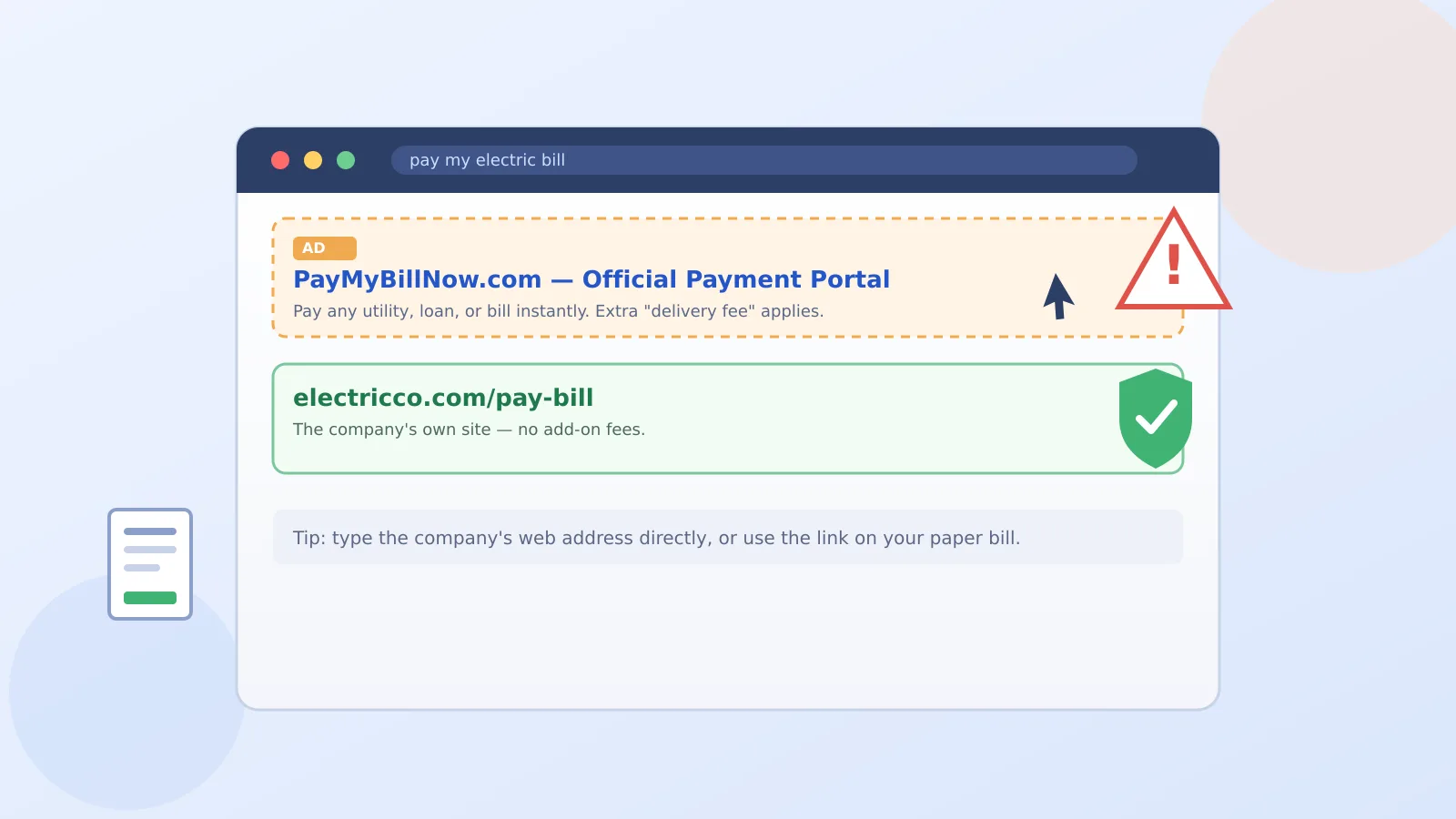 Illustration of a browser search results page with a sponsored ad flagged by a warning triangle above a verified green result for the real company site