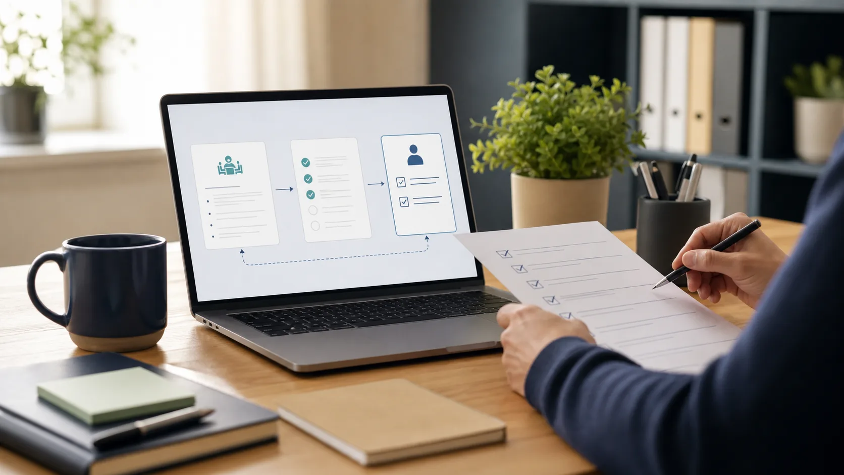 Person reviewing an action checklist beside a laptop showing a simple workflow from meeting notes to human approval