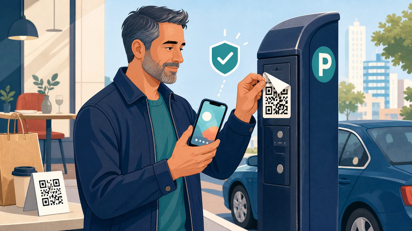 Illustration of a man lifting a suspicious QR code sticker from a parking meter before using his phone