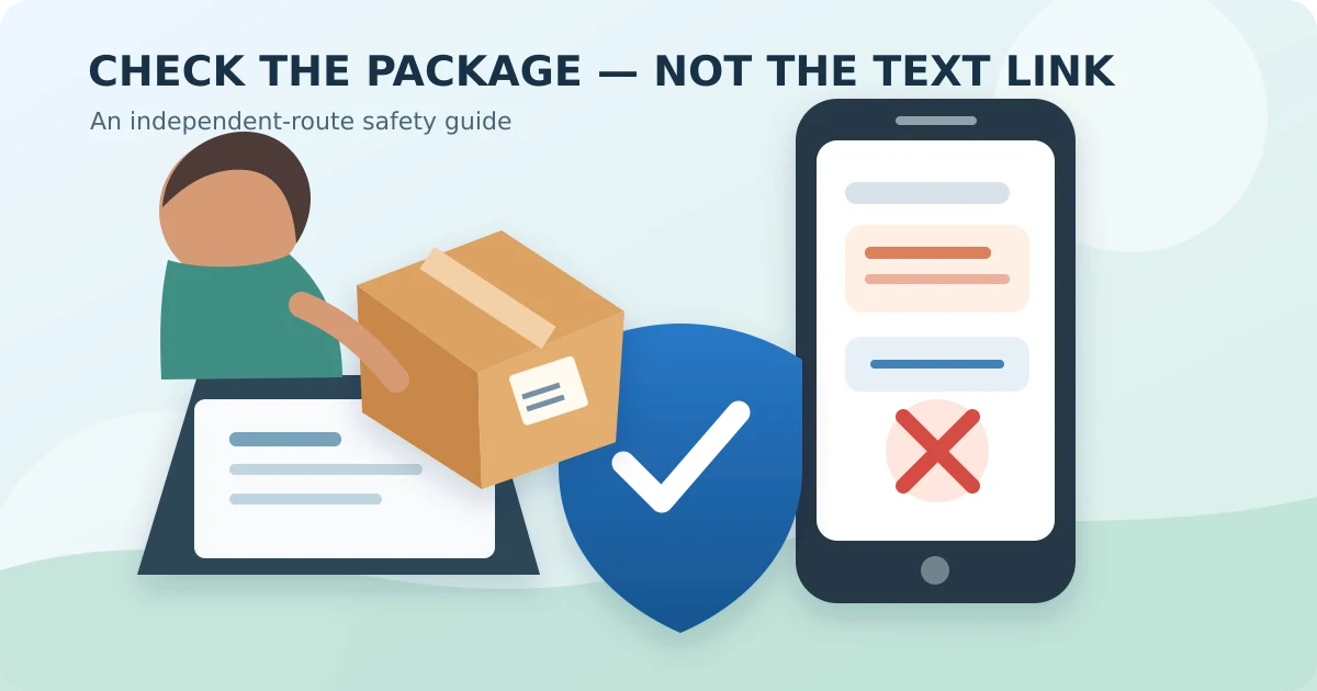 Illustration of an adult checking a parcel tracking number beside a phone with a blocked link and protective shield