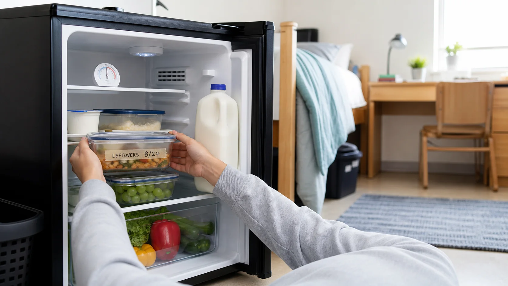 Student placing a labeled leftover container in an organized dorm mini fridge with an appliance thermometer