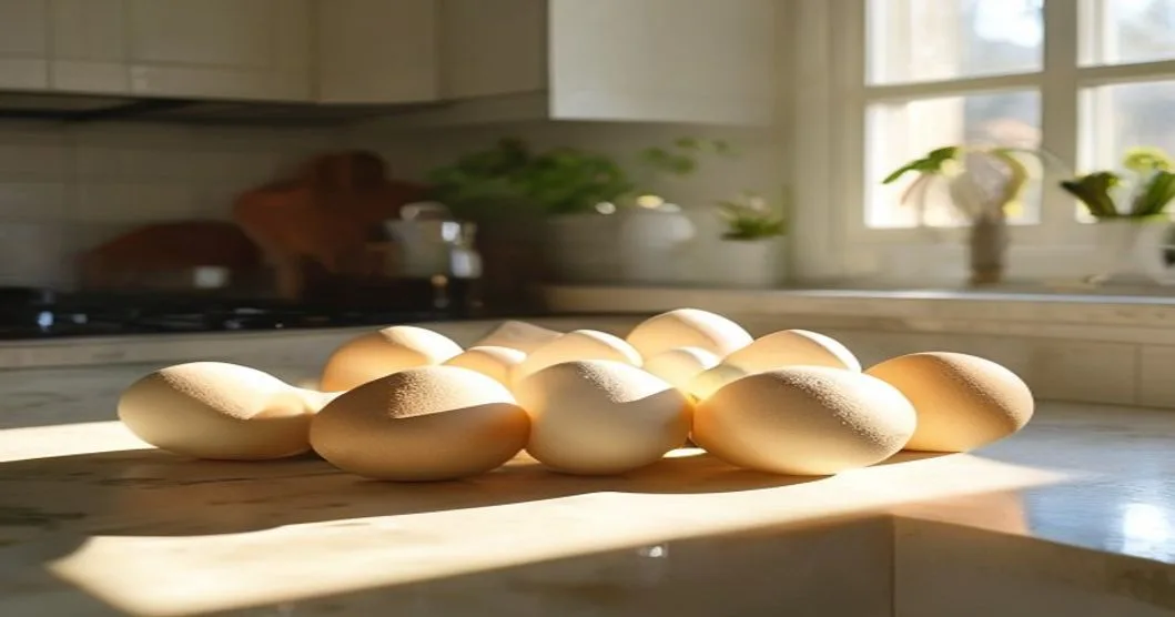Carton of eggs on a kitchen counter