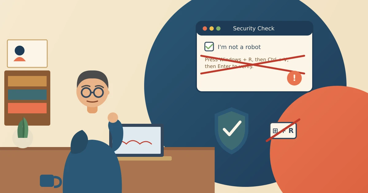 Illustration of an adult at a laptop looking cautiously at a fake CAPTCHA pop-up with a crossed-out Windows key plus R shortcut and a shield icon