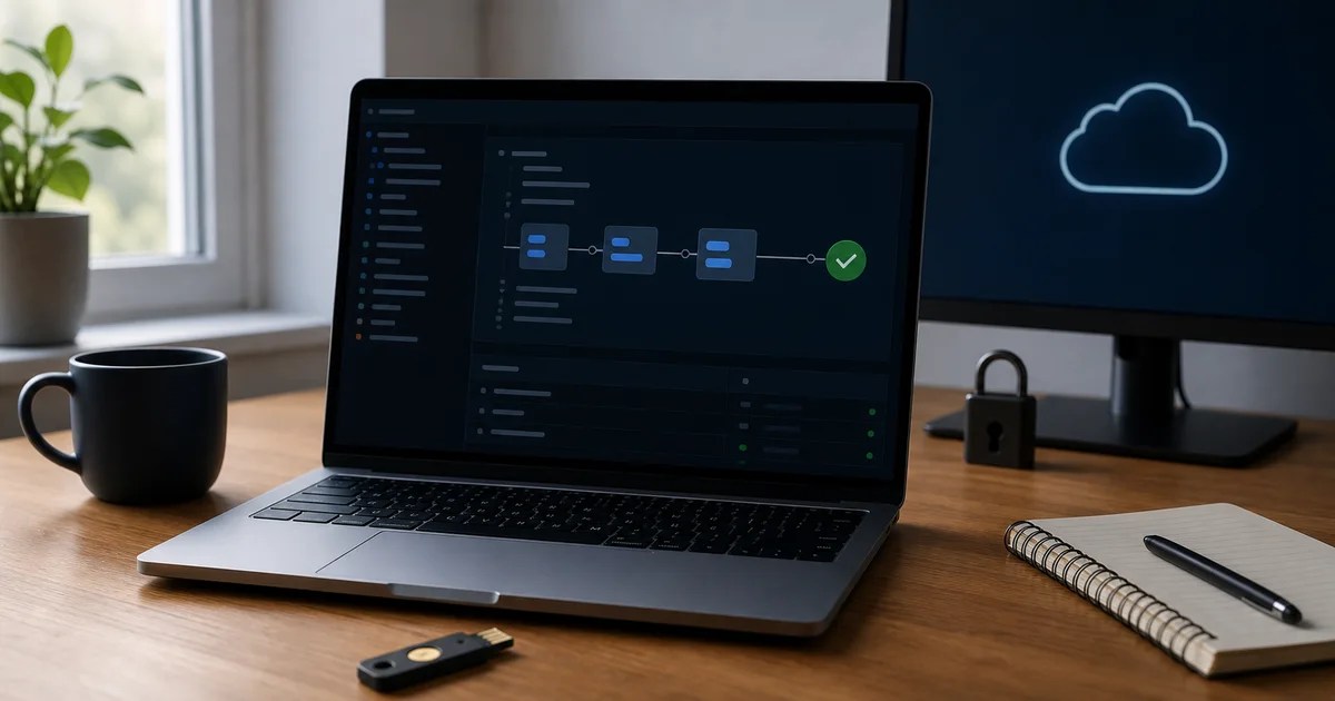 Laptop showing a generic deployment workflow beside a security key and cloud icon