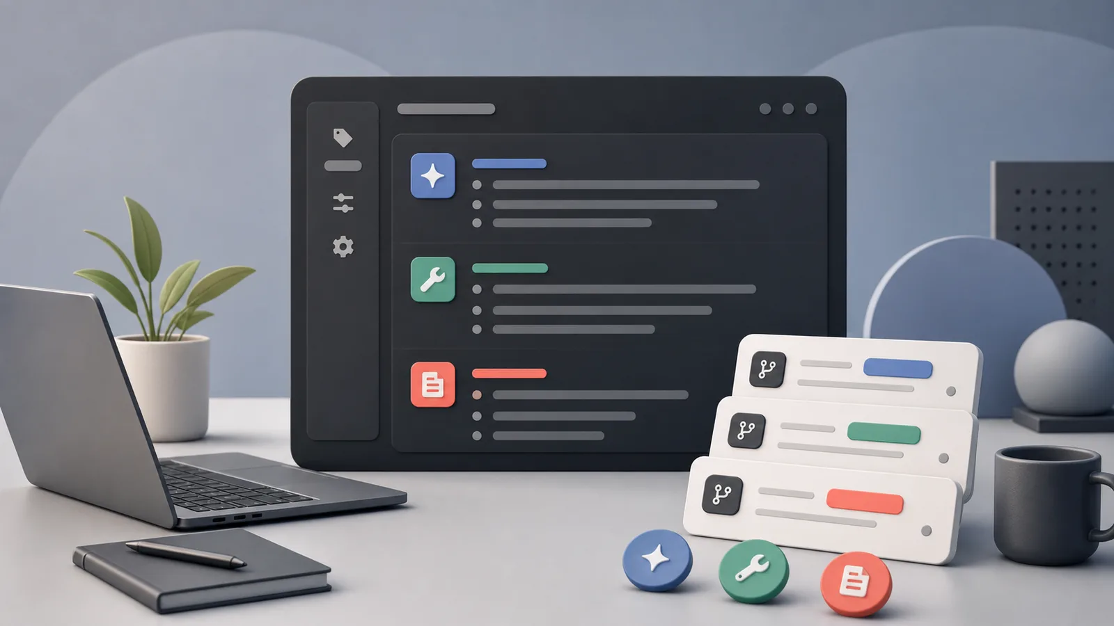 Illustration of a release notes panel grouped by colored pull request labels