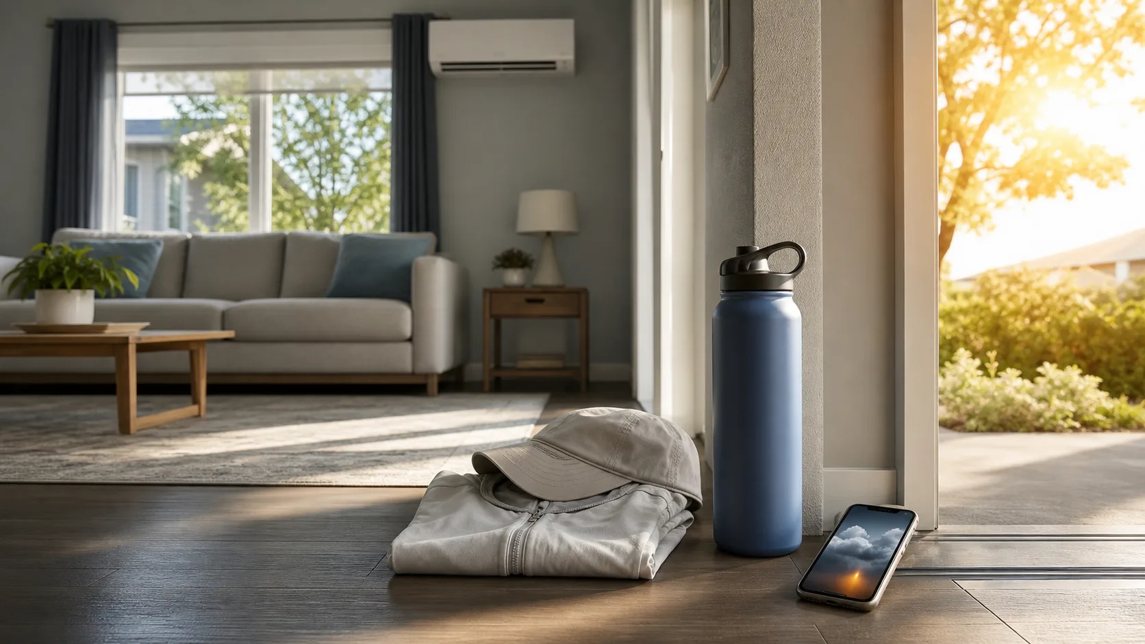 Water bottle and sun-protective clothing beside a cool indoor room on a hot summer day