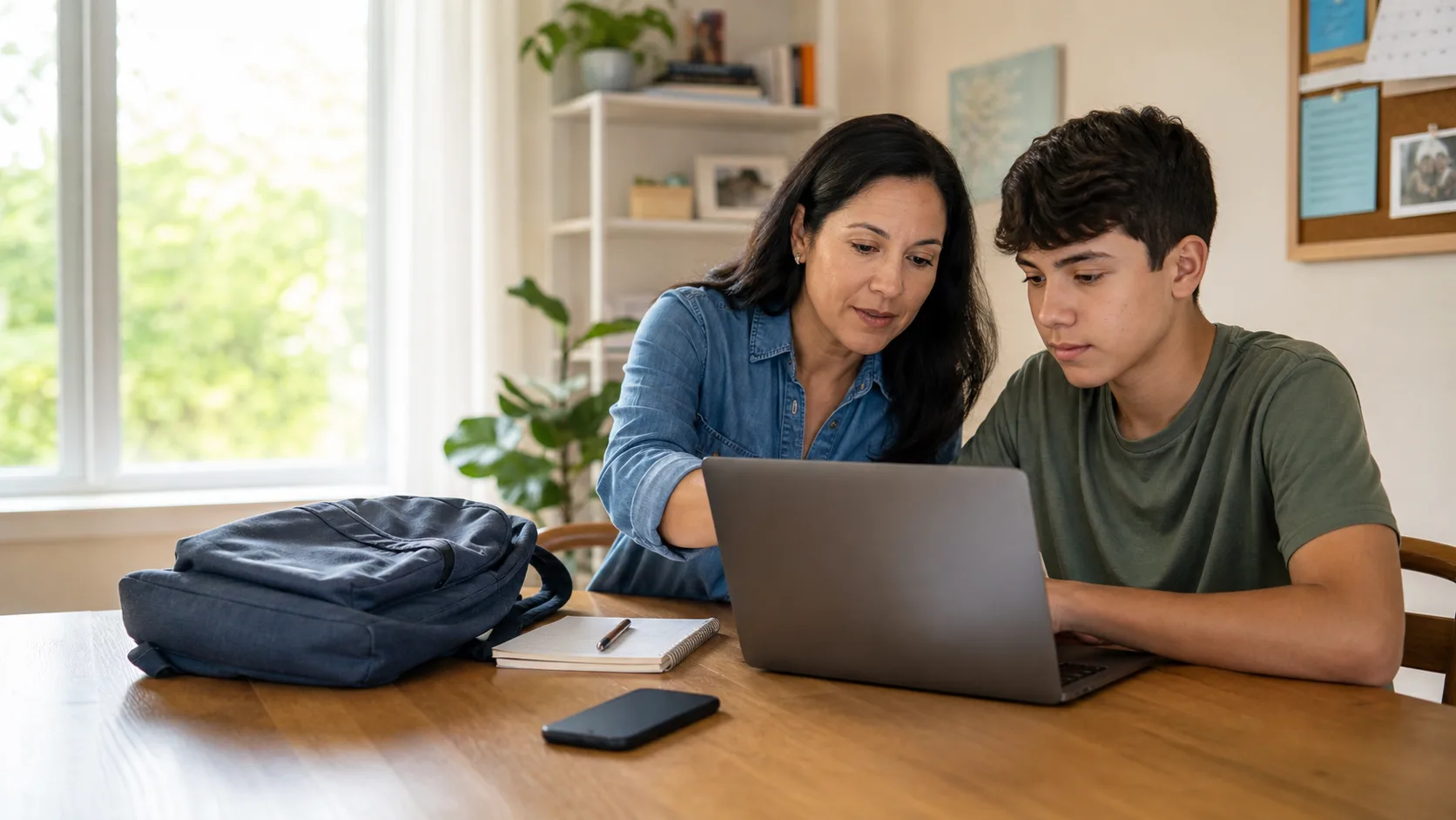 Parent and teen setting up a new laptop and school backpack at a kitchen table