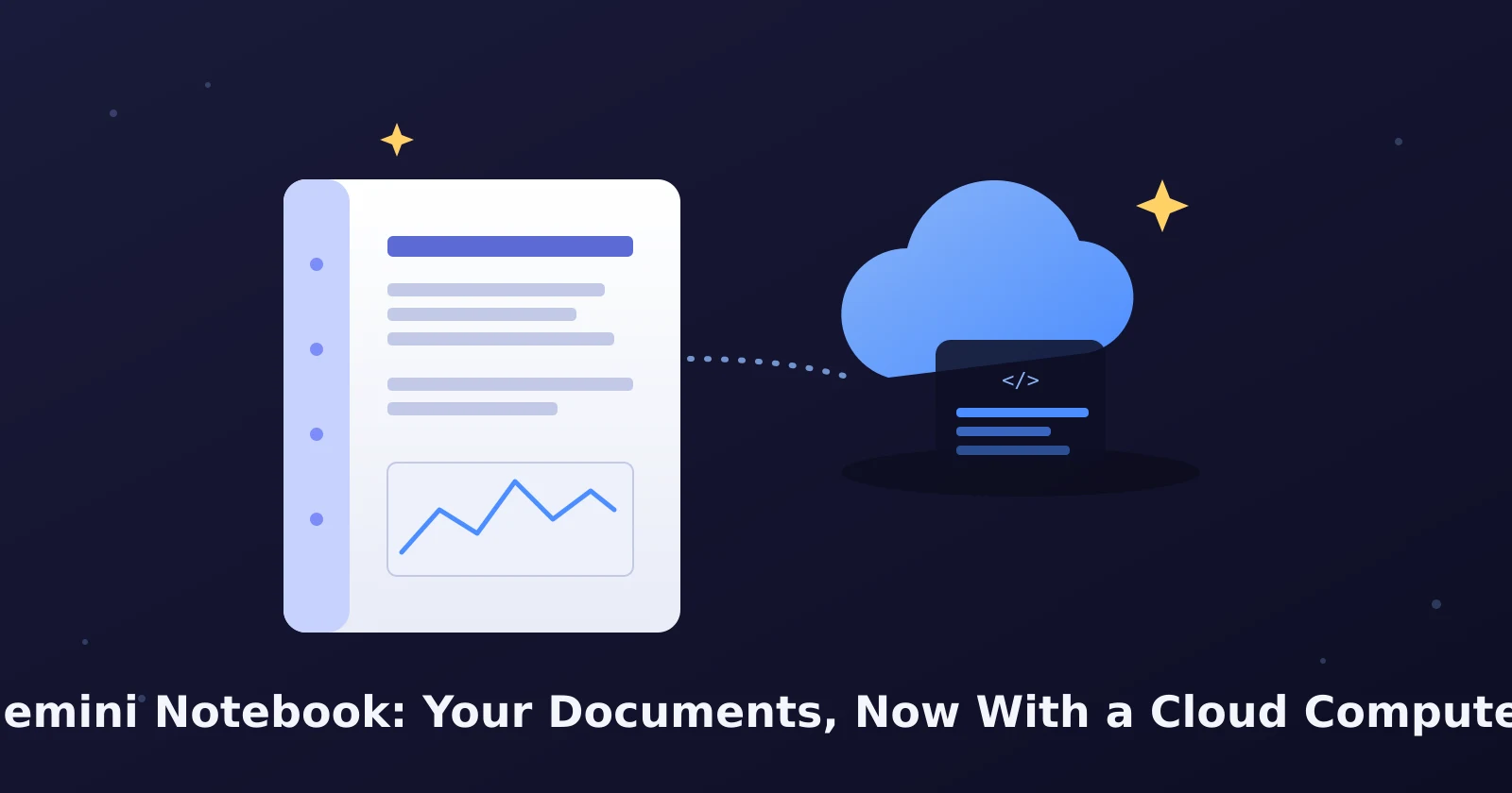 Illustration of a notebook interface with uploaded document icons feeding into a small cloud-shaped processor