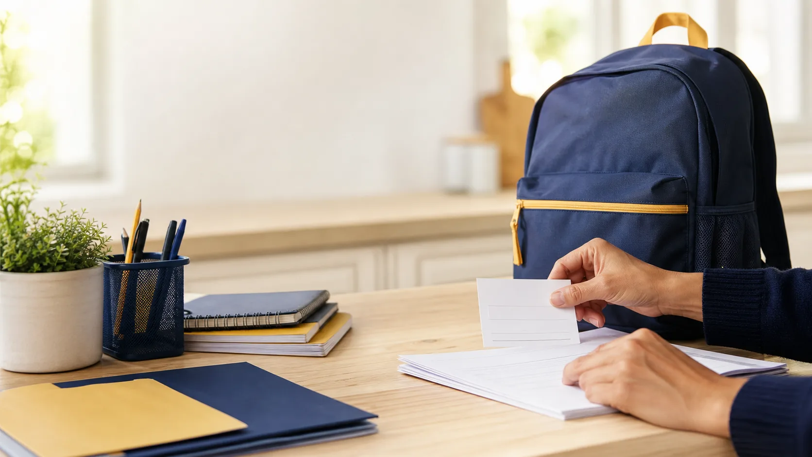 Parent organizing school health forms and a contact card beside a navy backpack
