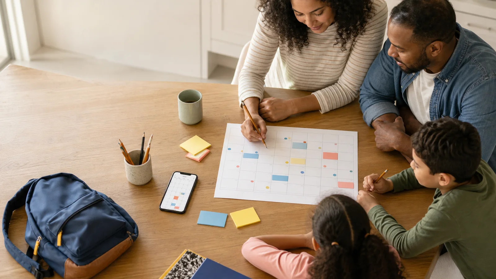 Family organizing a school-year calendar with a phone, colored notes, and a backpack on a kitchen table