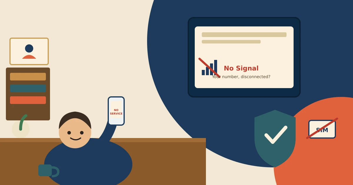 Illustration of a worried person holding a phone that shows No Signal, next to a shield with a checkmark and a crossed-out SIM card icon