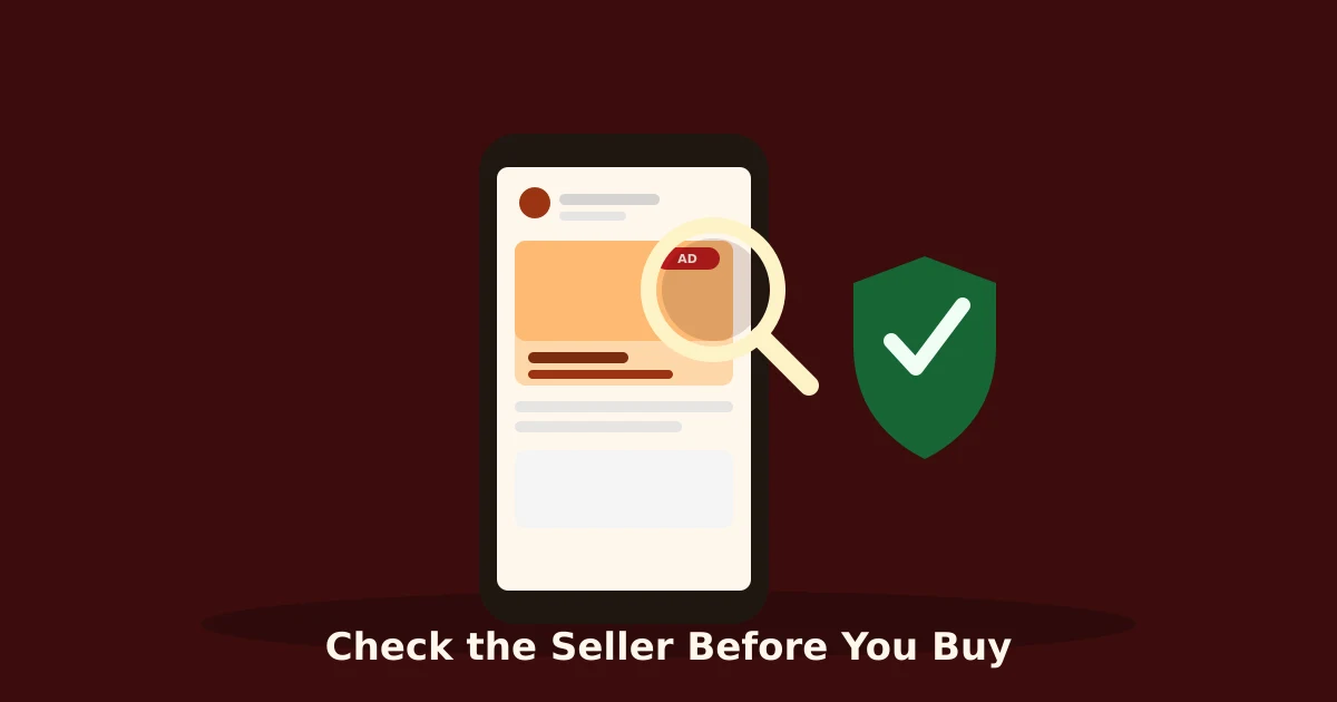Illustration of a hand holding a phone with a magnifying glass inspecting a social media ad card next to a checkmark shield