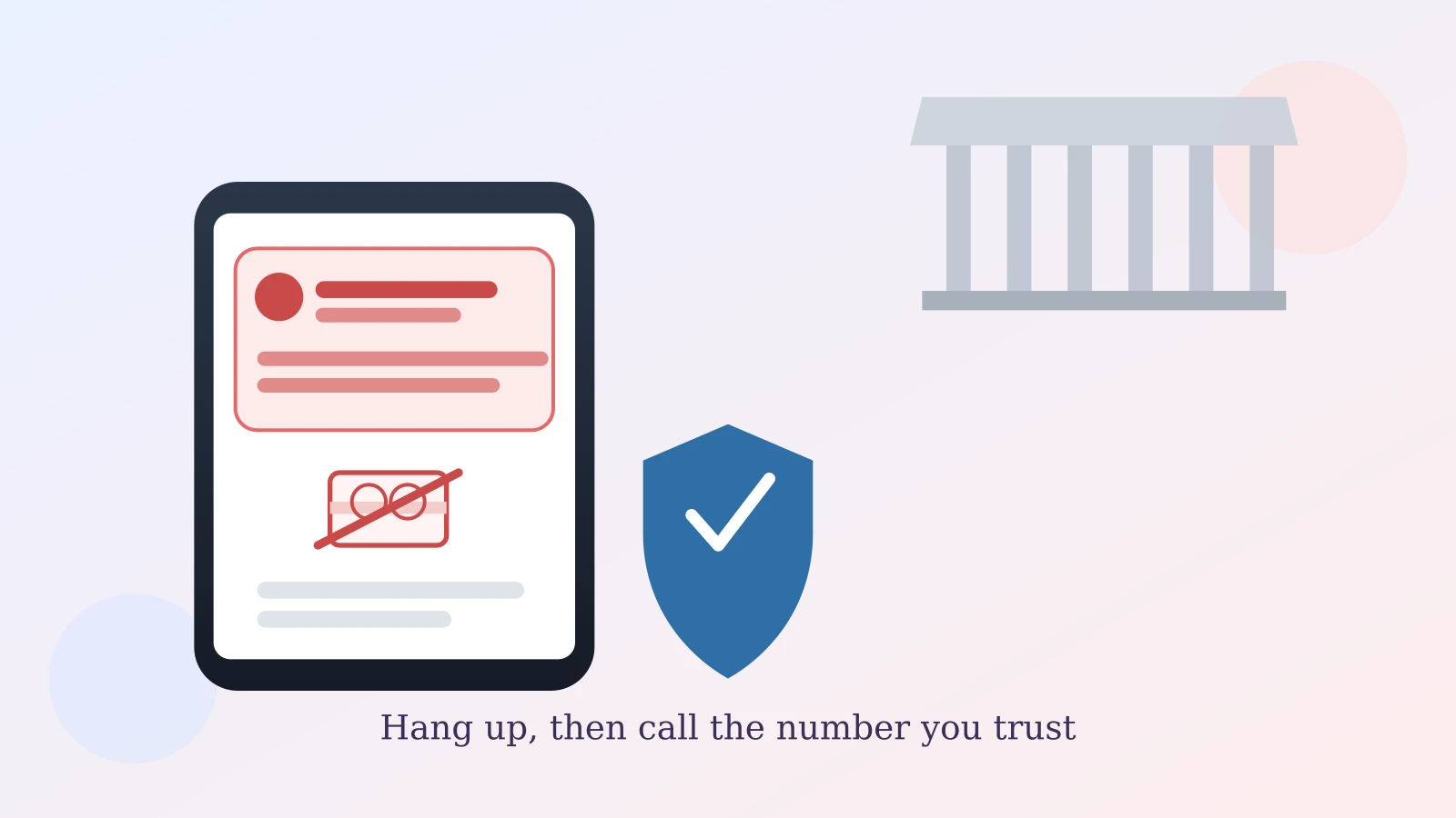 Illustration of a phone with a fake Social Security Administration caller ID next to a crossed-out gift card icon and a shield with a checkmark