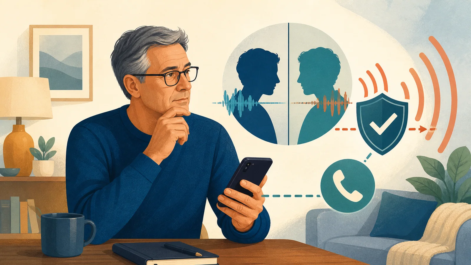 Editorial illustration of an adult pausing during a suspicious family call while a shield and separate call-back route represent verification