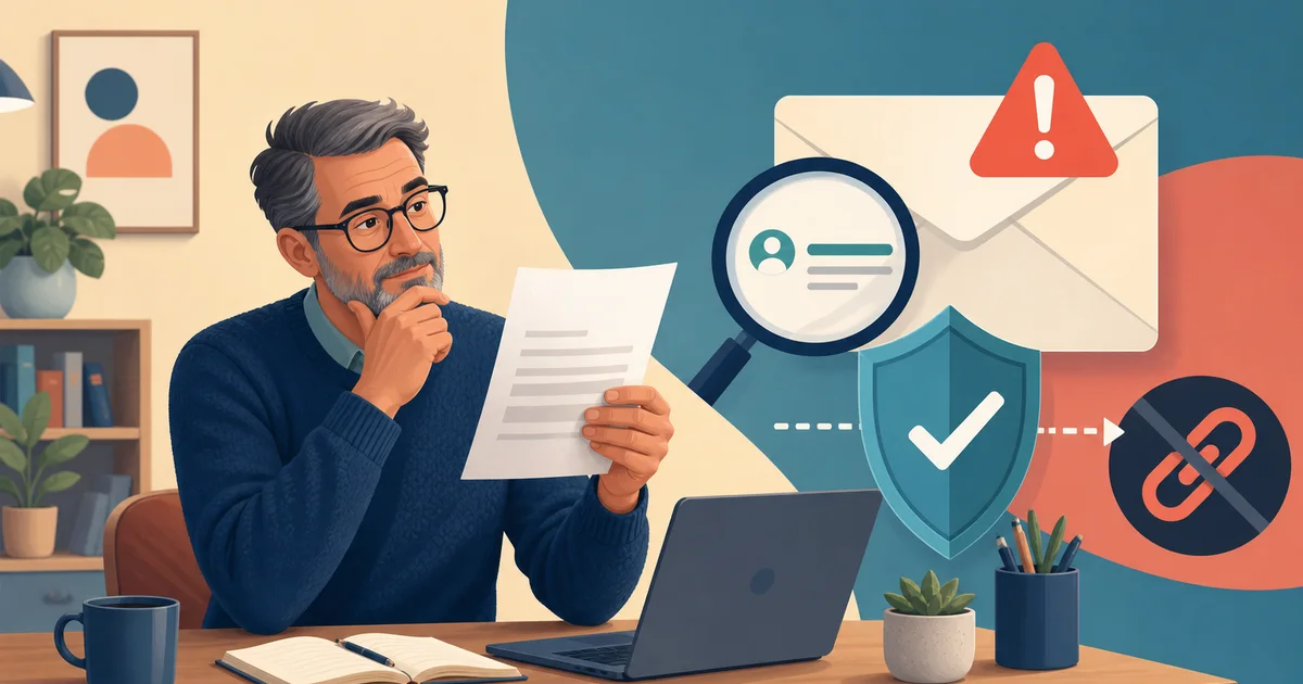 Illustration of an adult examining an unexpected invoice beside an envelope, magnifying glass, shield, and blocked-link symbol