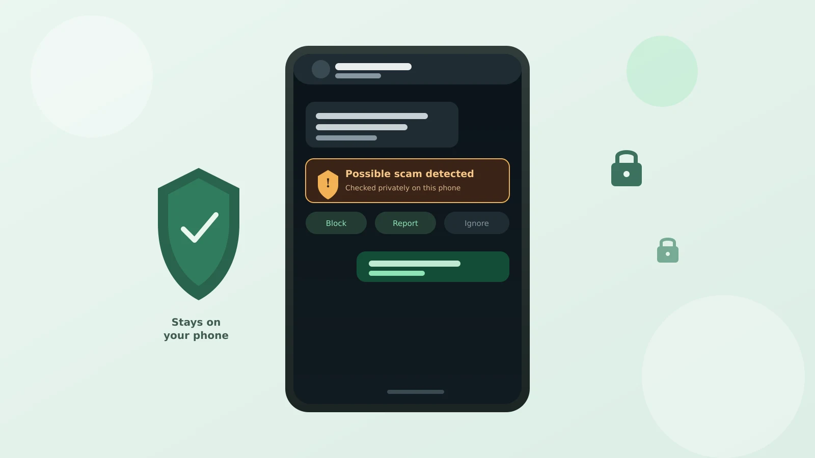 Editorial illustration of a smartphone showing a WhatsApp chat with a warning shield icon, representing on-device scam detection